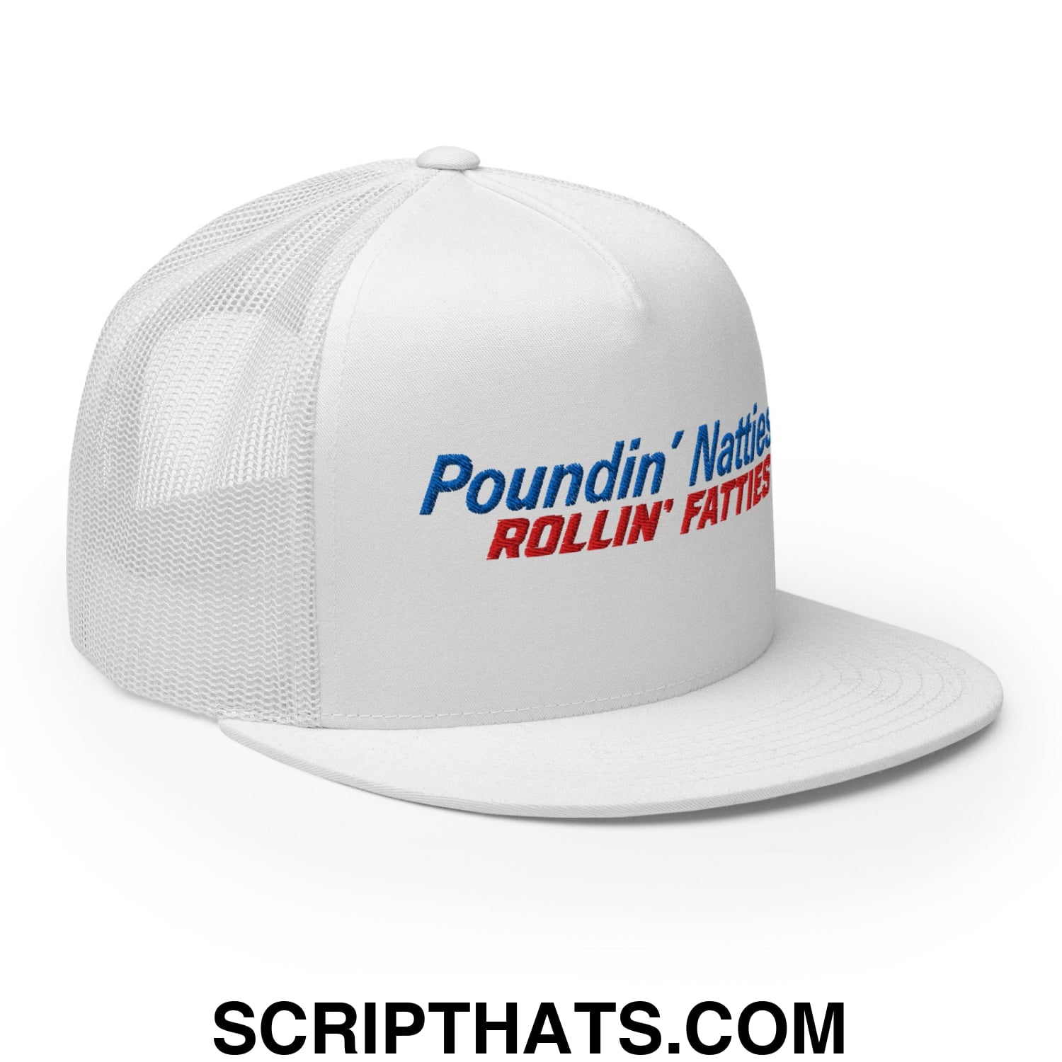 Poundin' Natties Rollin' Fatties Embroidered Flat Brim Bill Mesh Trucker Hat White