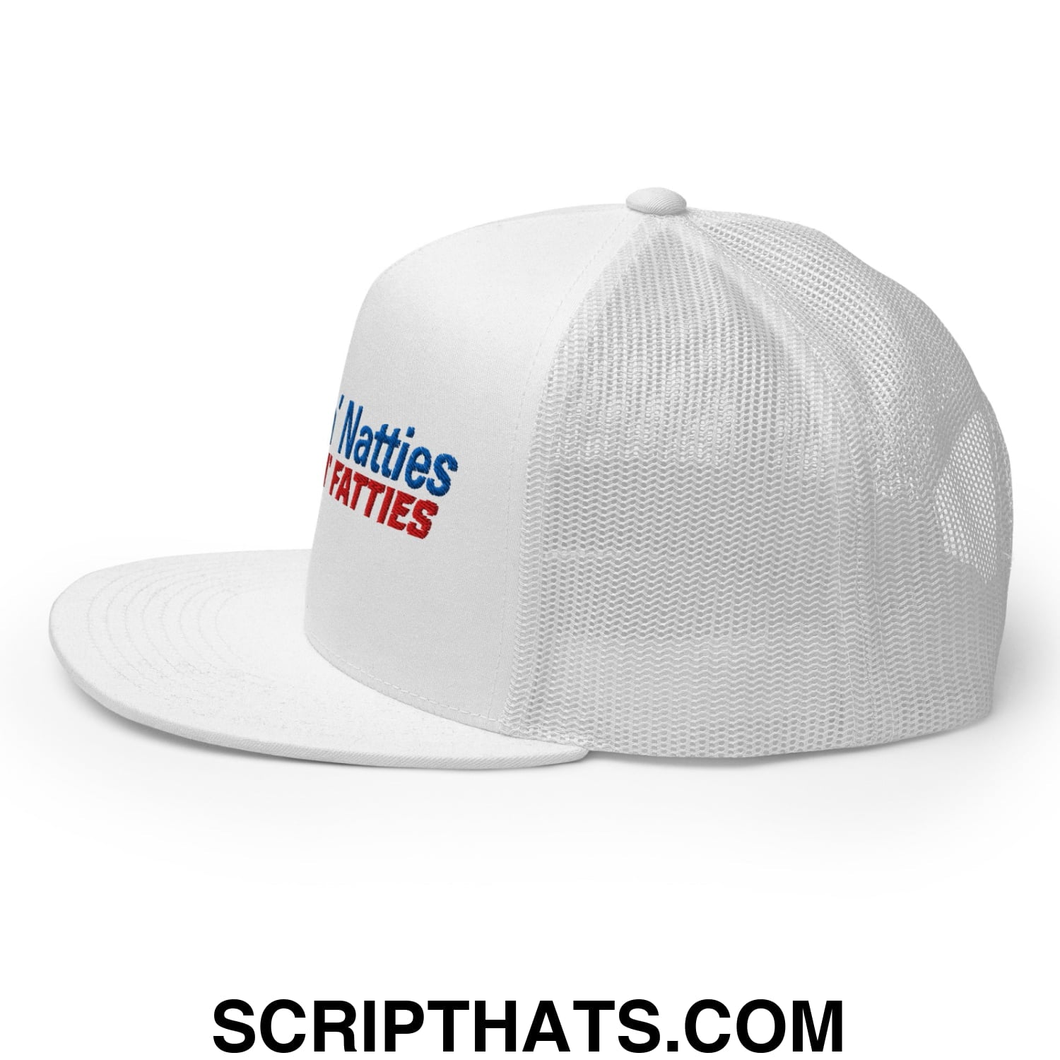 Poundin' Natties Rollin' Fatties Embroidered Flat Brim Bill Mesh Trucker Hat White