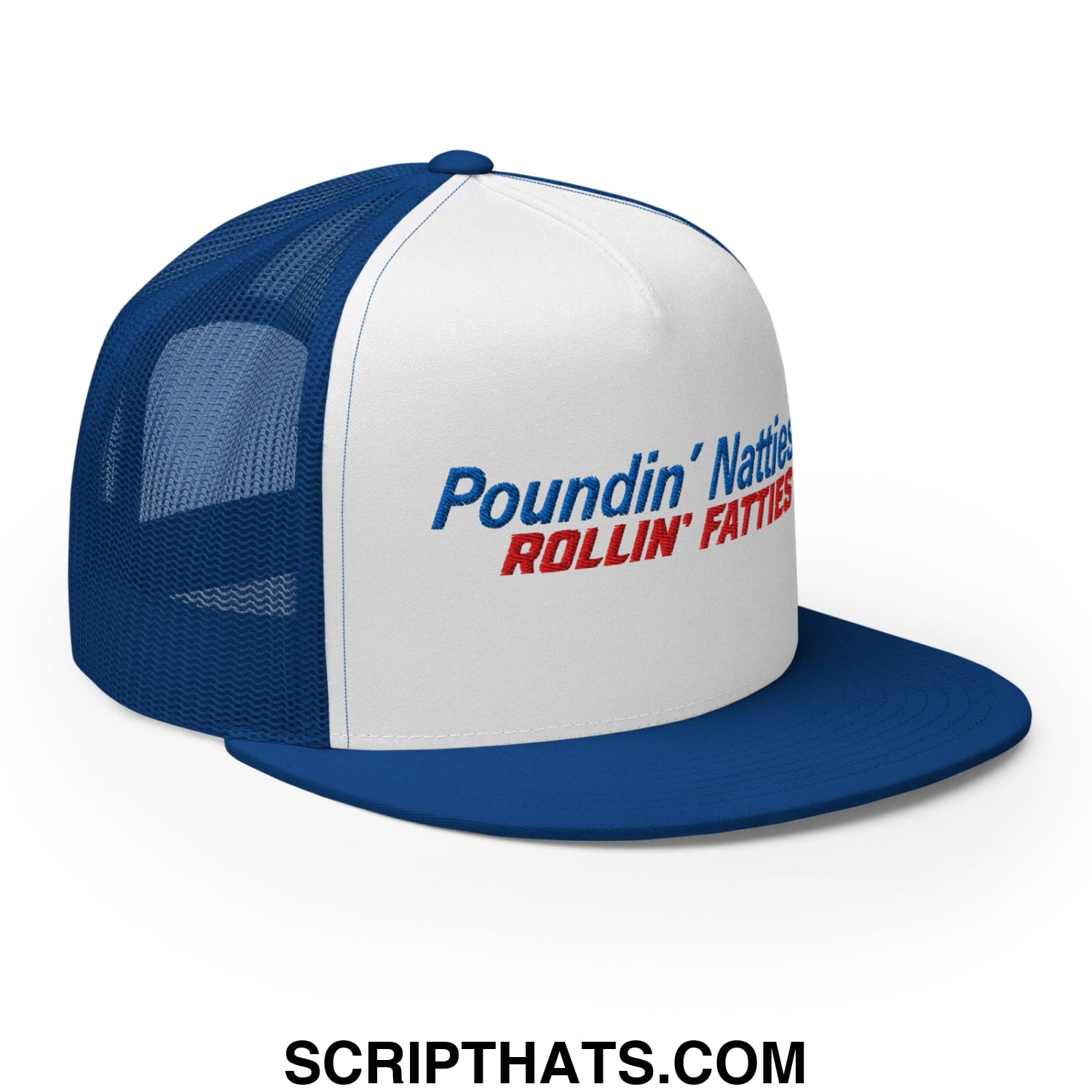 Poundin' Natties Rollin' Fatties Embroidered Flat Brim Bill Mesh Trucker Hat Royal White Royal