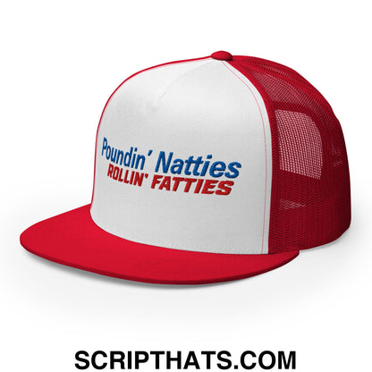 Poundin' Natties Rollin' Fatties Embroidered Flat Brim Bill Mesh Trucker Hat Red White Red