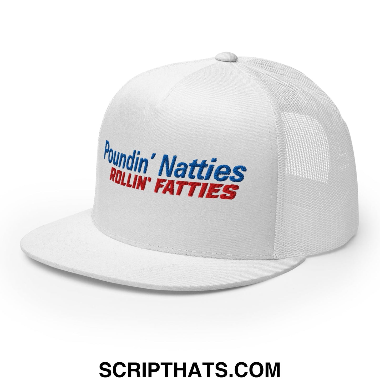 Poundin' Natties Rollin' Fatties Embroidered Flat Brim Bill Mesh Trucker Hat White