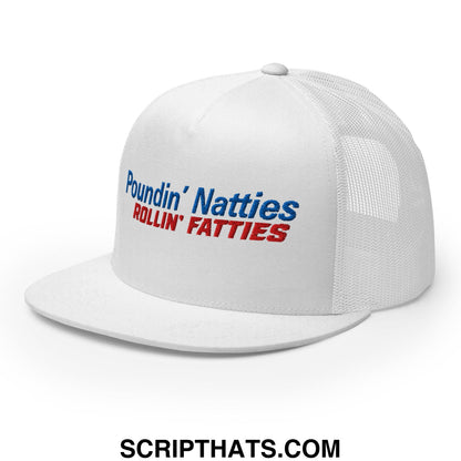 Poundin' Natties Rollin' Fatties Embroidered Flat Brim Bill Mesh Trucker Hat White