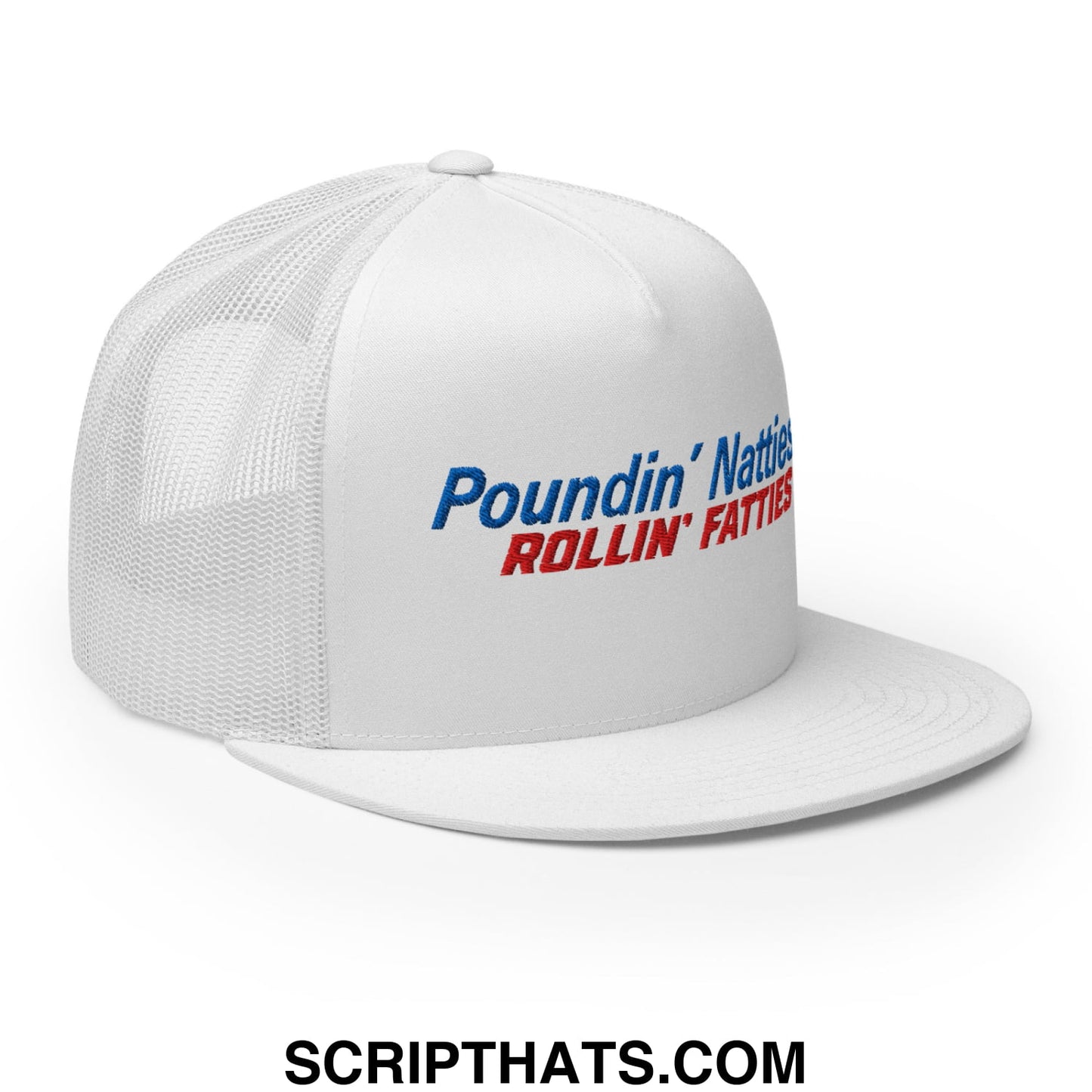 Poundin' Natties Rollin' Fatties Embroidered Flat Brim Bill Mesh Trucker Hat White