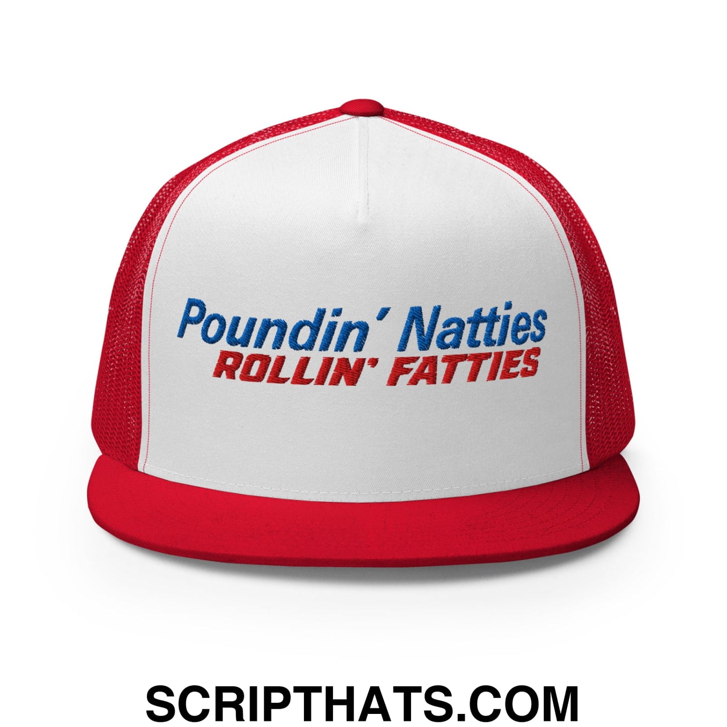 Poundin' Natties Rollin' Fatties Embroidered Flat Brim Bill Mesh Trucker Hat Red White Red
