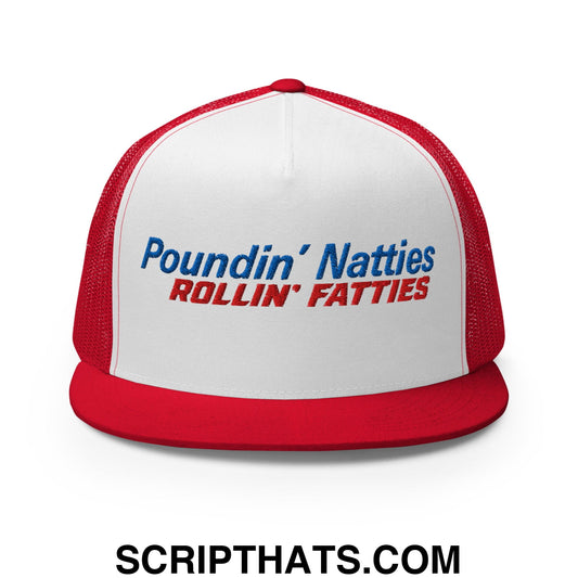 Poundin' Natties Rollin' Fatties Embroidered Flat Brim Bill Mesh Trucker Hat Red White Red