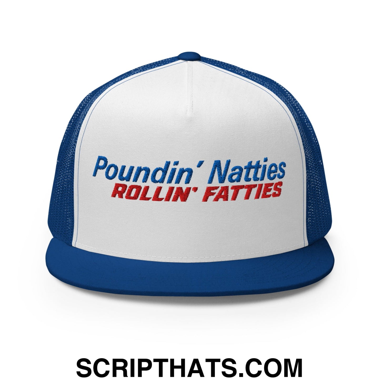 Poundin' Natties Rollin' Fatties Embroidered Flat Brim Bill Mesh Trucker Hat Royal White Royal