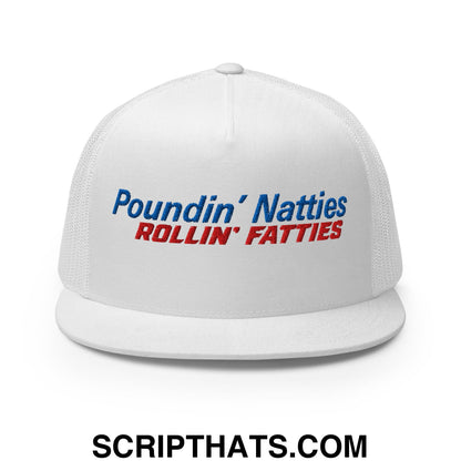 Poundin' Natties Rollin' Fatties Embroidered Flat Brim Bill Mesh Trucker Hat White