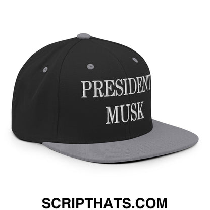 President Musk Embroidered Flat Bill Brim Snapback Hat Black Silver
