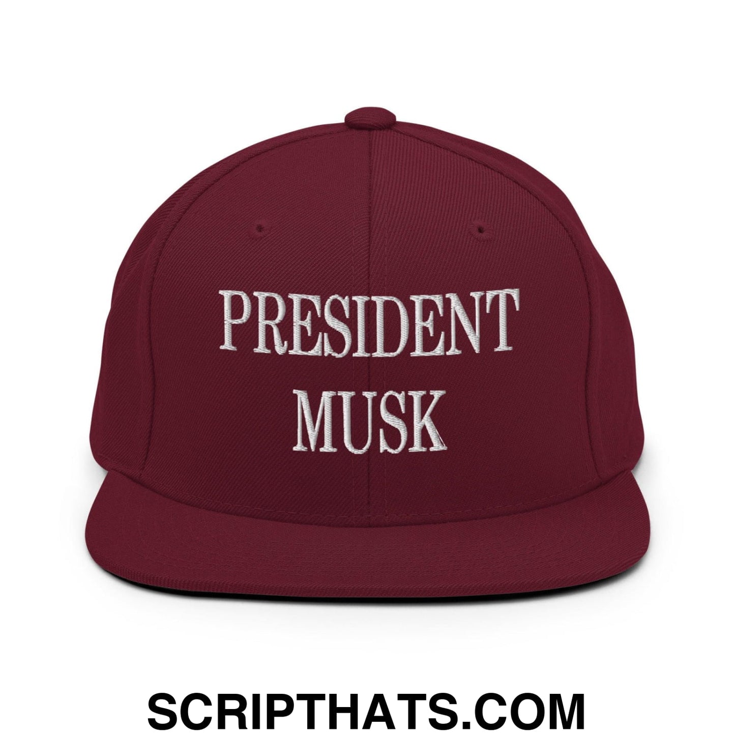 President Musk Embroidered Flat Bill Brim Snapback Hat Maroon