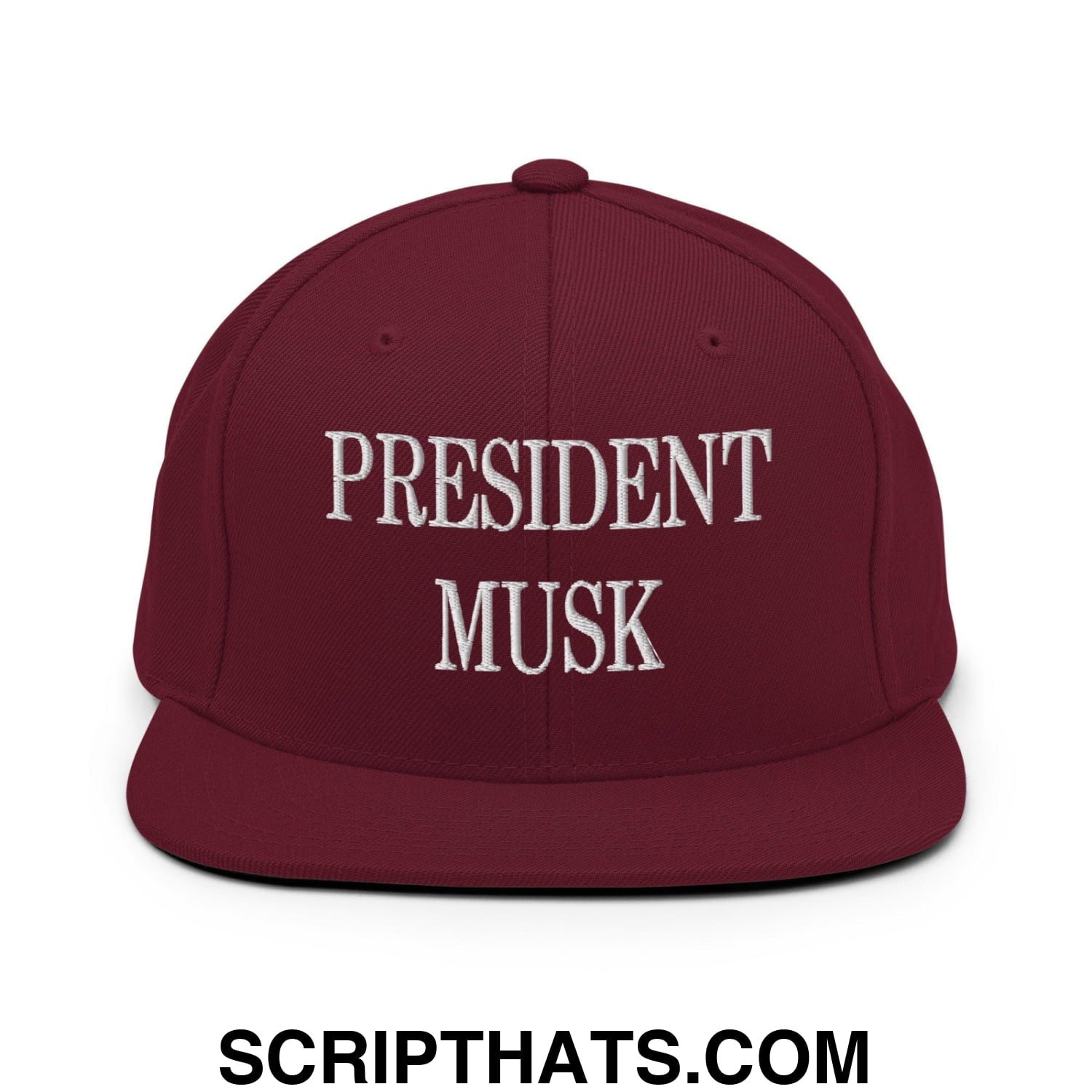 President Musk Embroidered Flat Bill Brim Snapback Hat Maroon