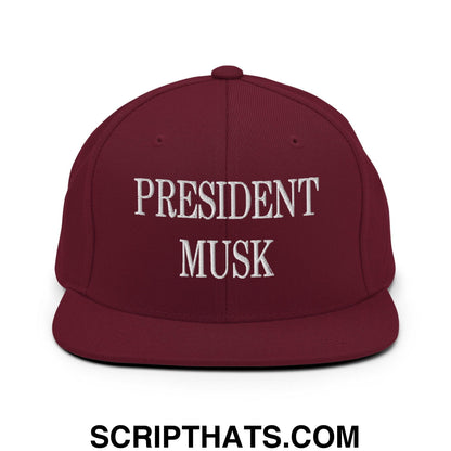 President Musk Embroidered Flat Bill Brim Snapback Hat Maroon