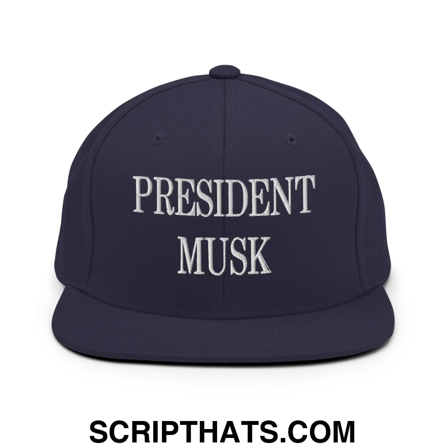 President Musk Embroidered Flat Bill Brim Snapback Hat Navy