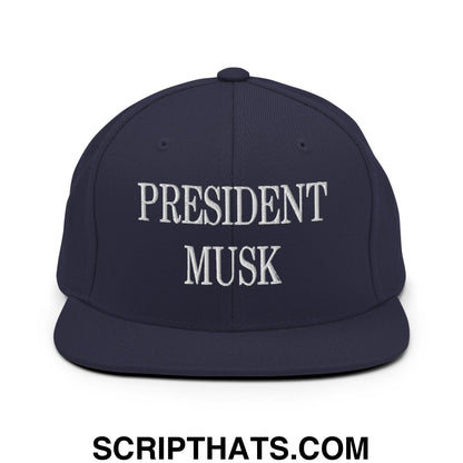 President Musk Embroidered Flat Bill Brim Snapback Hat Navy