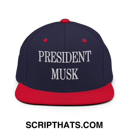 President Musk Embroidered Flat Bill Brim Snapback Hat Navy Red