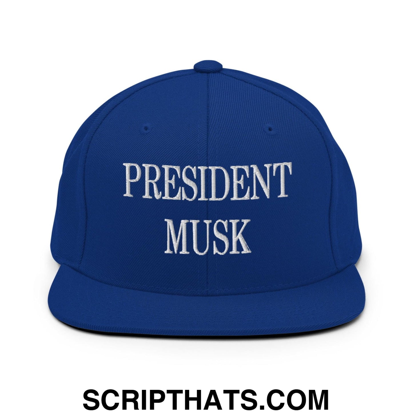 President Musk Embroidered Flat Bill Brim Snapback Hat Royal Blue