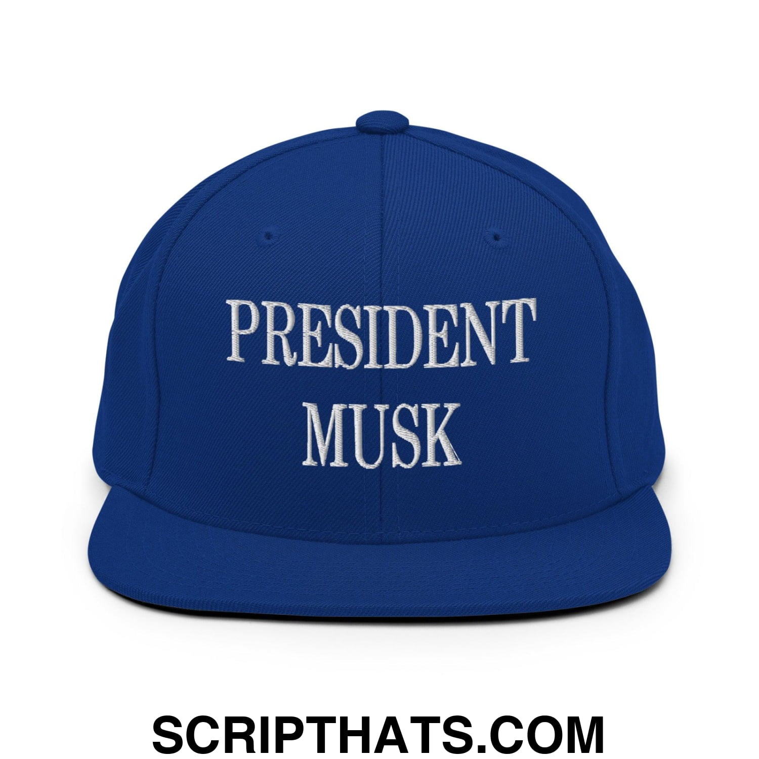 President Musk Embroidered Flat Bill Brim Snapback Hat Royal Blue