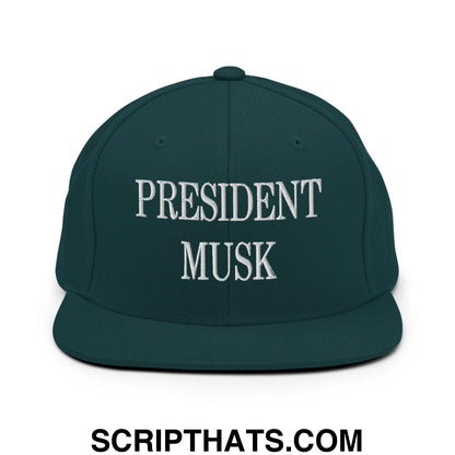 President Musk Embroidered Flat Bill Brim Snapback Hat Spruce