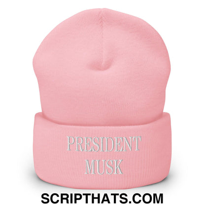 President Musk Embroidered Knit Cuffed Beanie Baby Pink