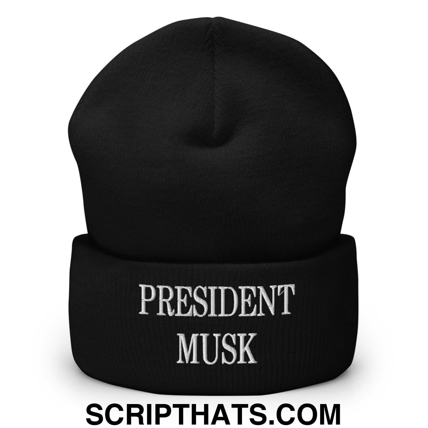 President Musk Embroidered Knit Cuffed Beanie Black