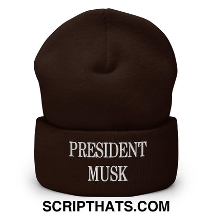 President Musk Embroidered Knit Cuffed Beanie Brown
