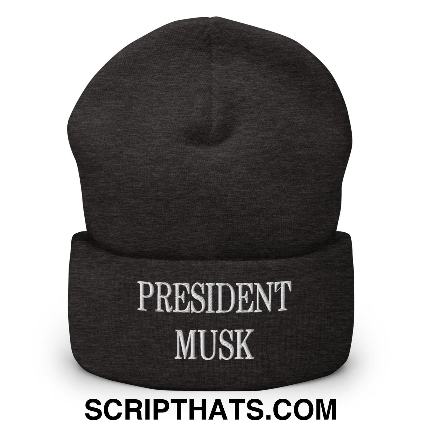 President Musk Embroidered Knit Cuffed Beanie Dark Grey