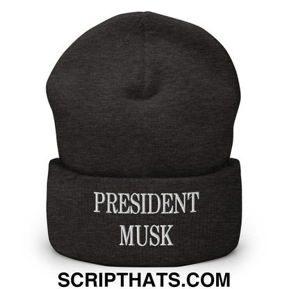 President Musk Embroidered Knit Cuffed Beanie Dark Grey