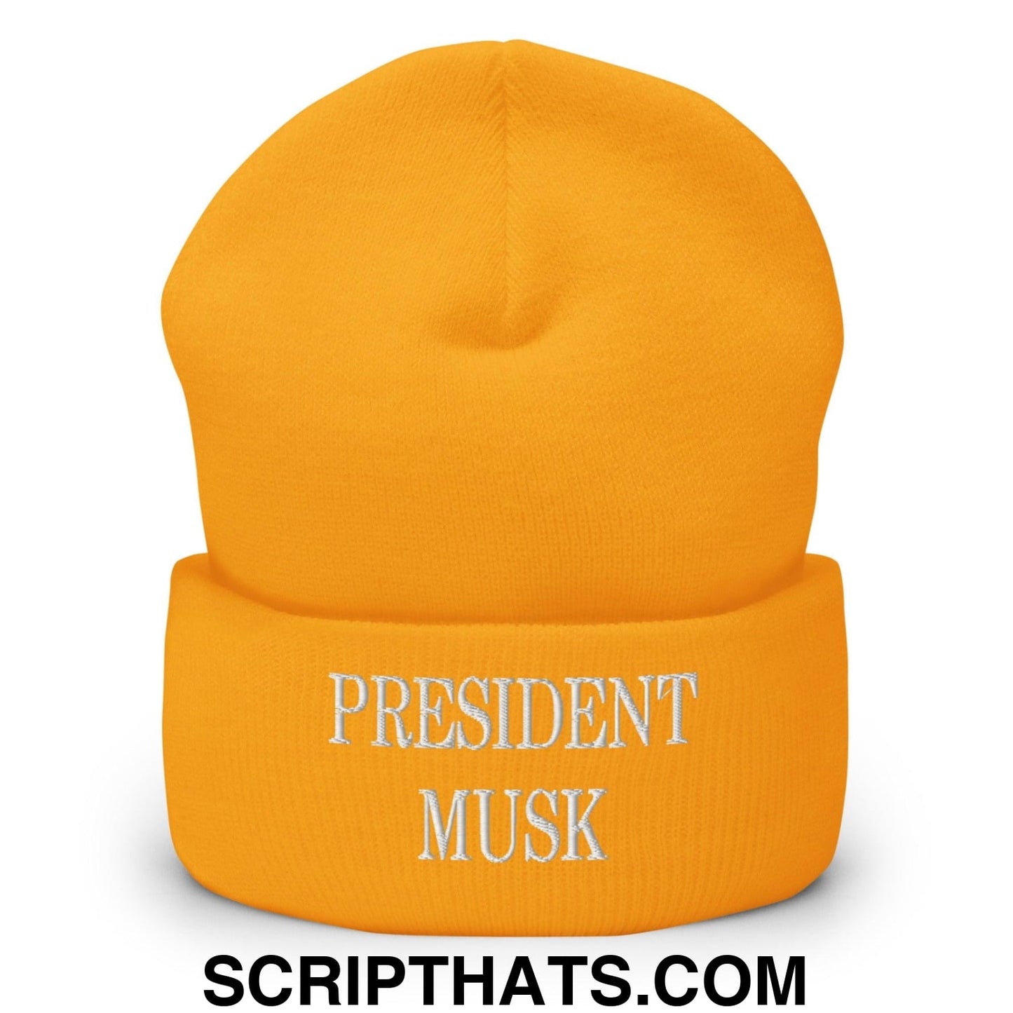 President Musk Embroidered Knit Cuffed Beanie Gold
