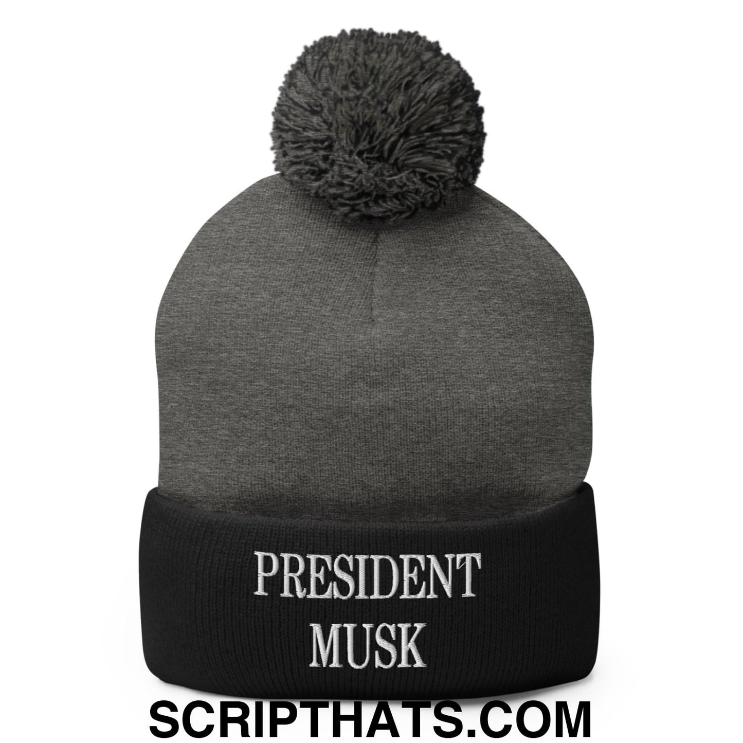 President Musk Embroidered Knit Pom Pom Beanie Dark Heather Grey Black