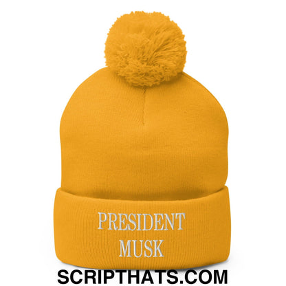 President Musk Embroidered Knit Pom Pom Beanie Gold