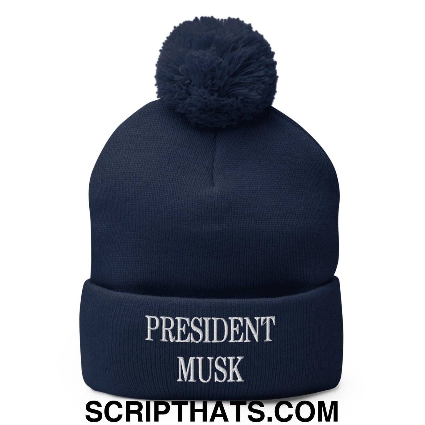 President Musk Embroidered Knit Pom Pom Beanie Navy