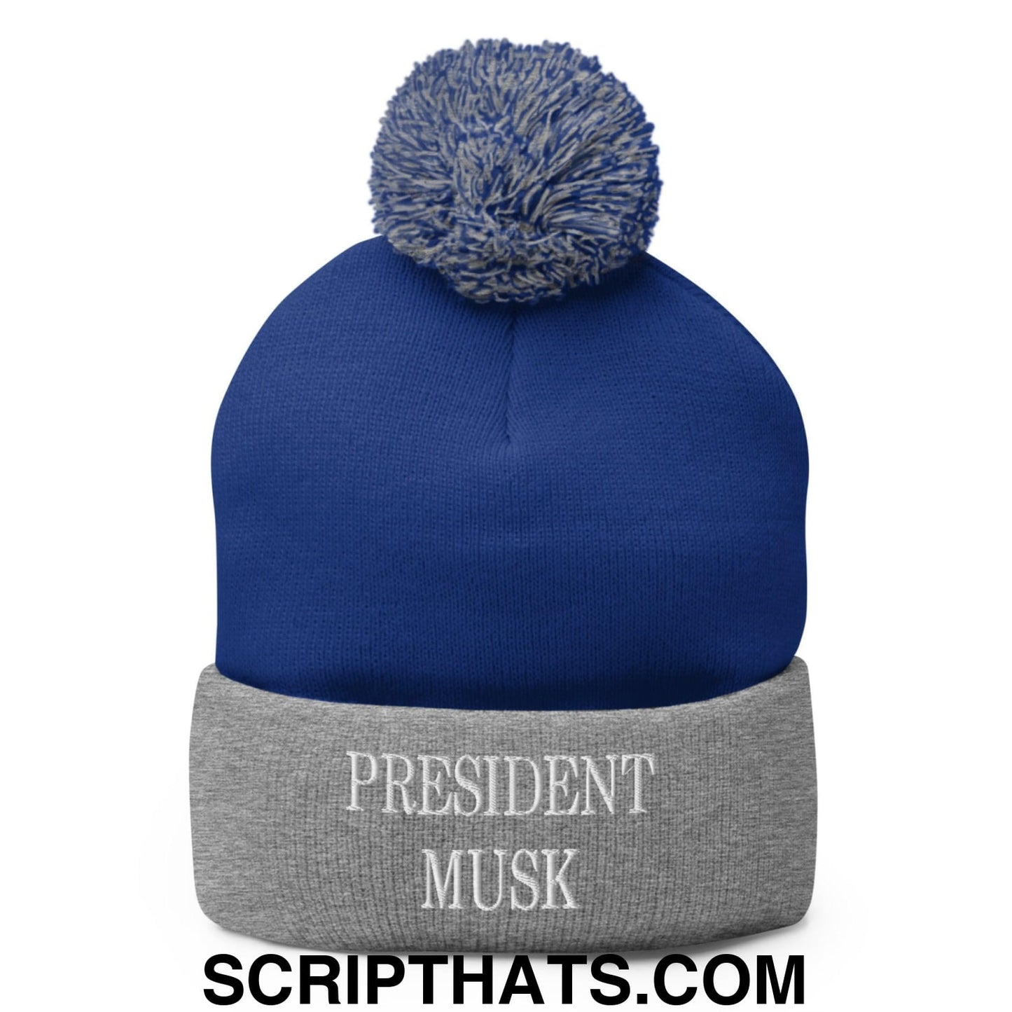 President Musk Embroidered Knit Pom Pom Beanie Royal Heather Grey