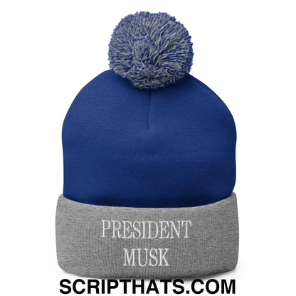 President Musk Embroidered Knit Pom Pom Beanie Royal Heather Grey