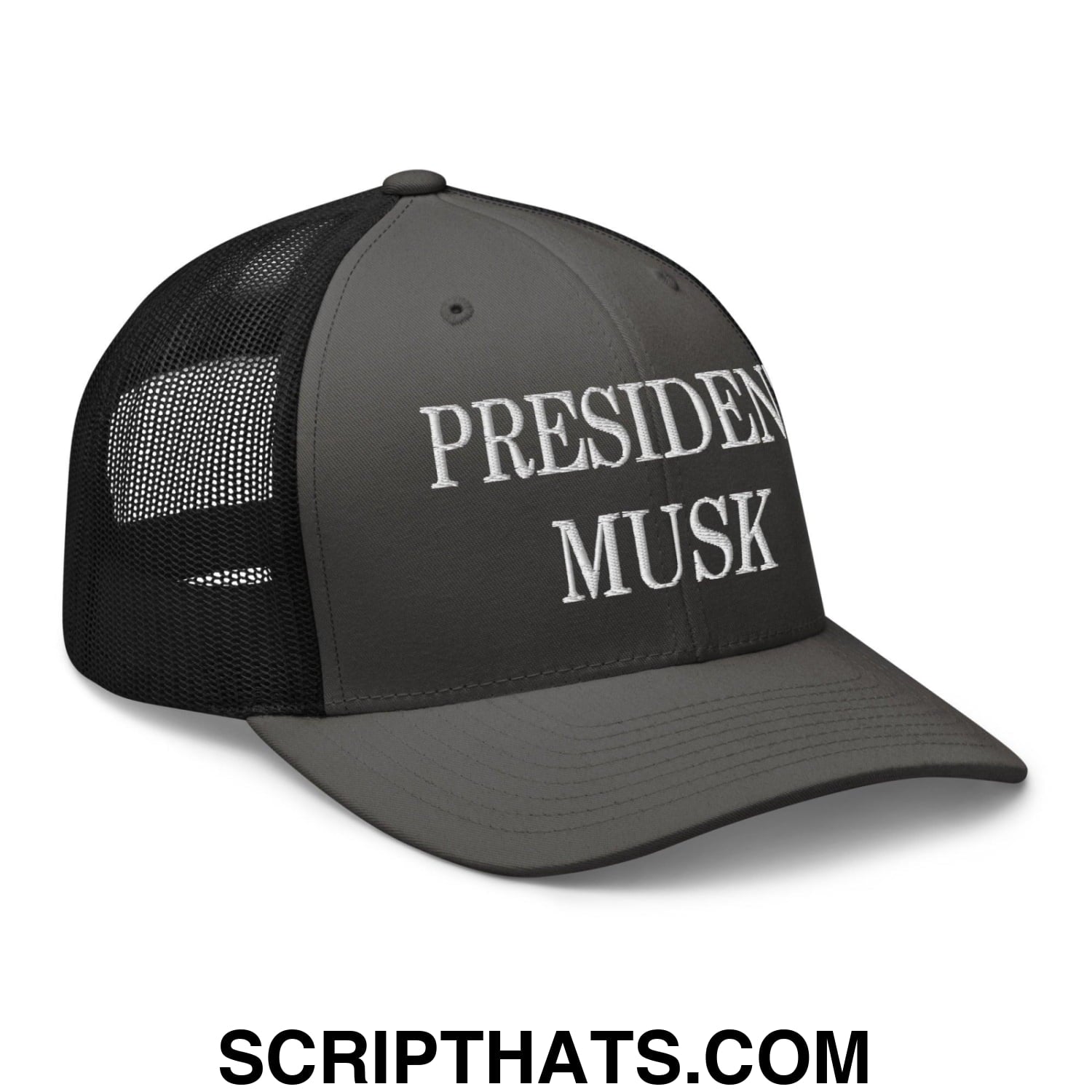 President Musk Embroidered Mesh Trucker Hat Charcoal Black