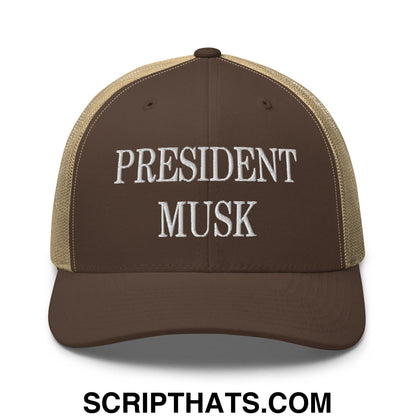 President Musk Embroidered Mesh Trucker Hat Brown Khaki