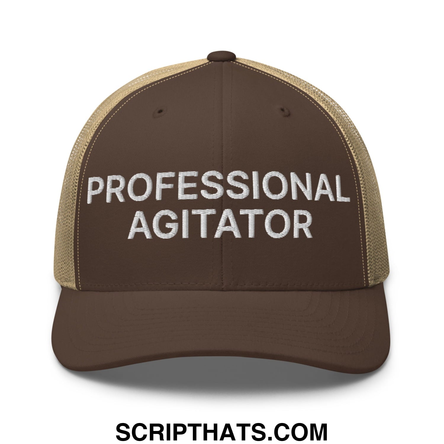 Professional Agitator Embroidered Mesh Trucker Hat Brown Khaki