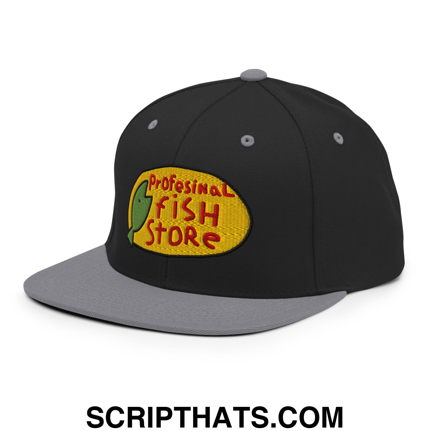 Professional Fish Store Embroidered Flat Bill Brim Snapback Hat Black Silver