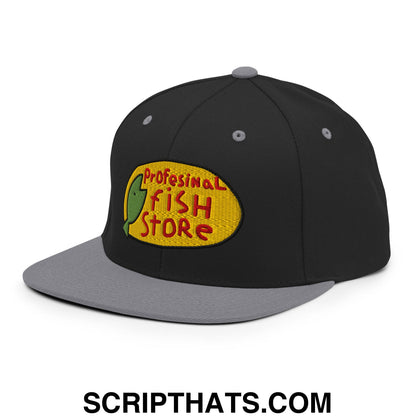 Professional Fish Store Embroidered Flat Bill Brim Snapback Hat Black Silver
