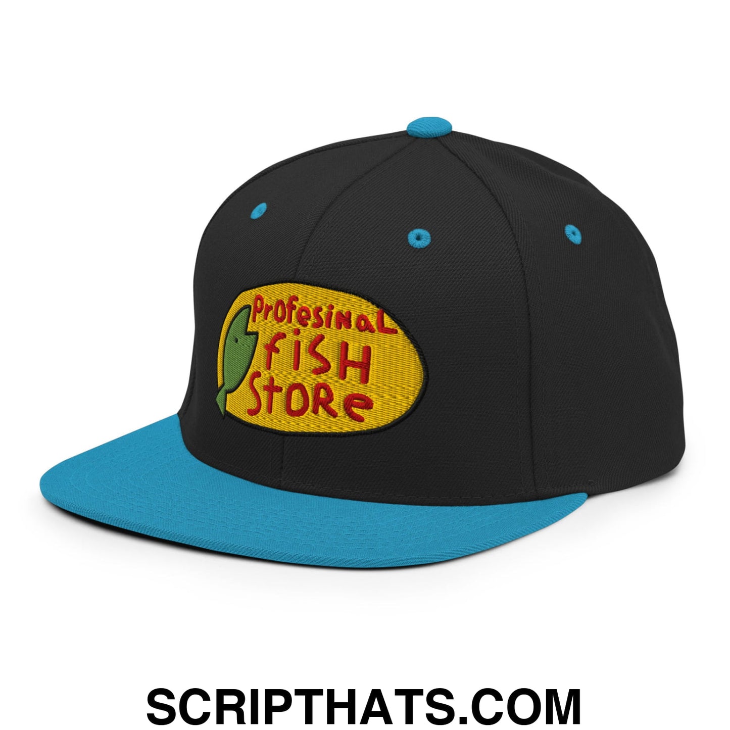 Professional Fish Store Embroidered Flat Bill Brim Snapback Hat Black Teal