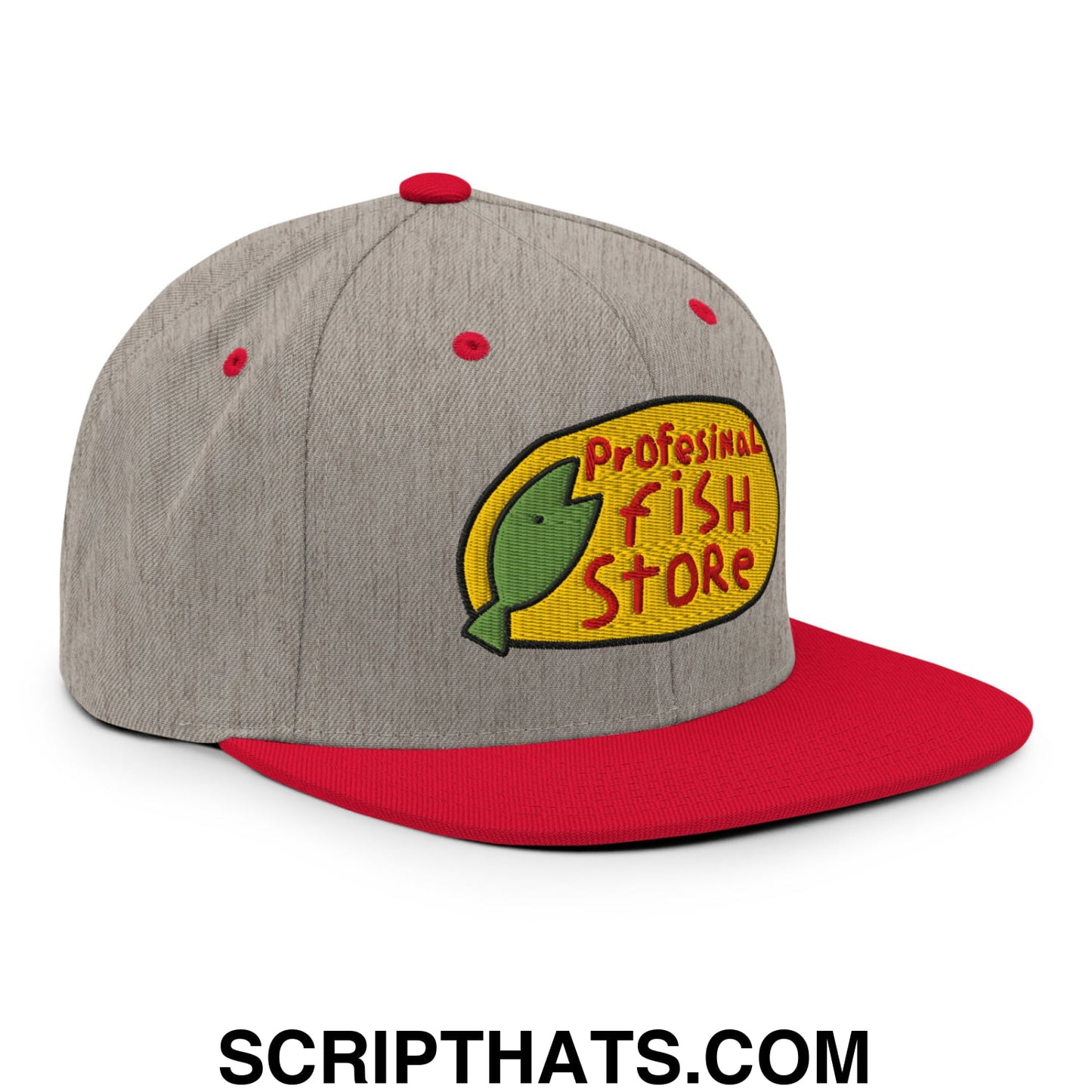 Professional Fish Store Embroidered Flat Bill Brim Snapback Hat Heather Grey Red