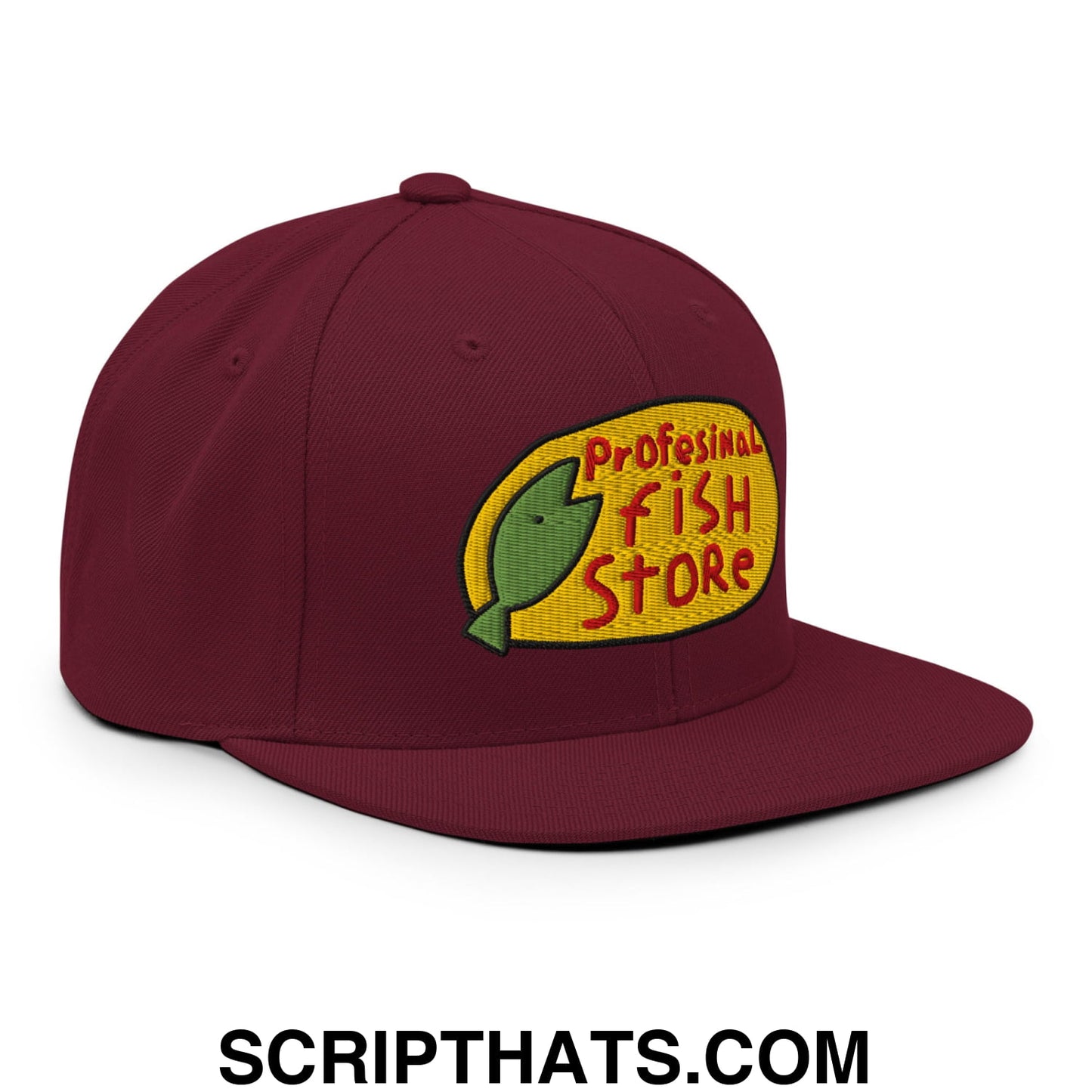 Professional Fish Store Embroidered Flat Bill Brim Snapback Hat Maroon