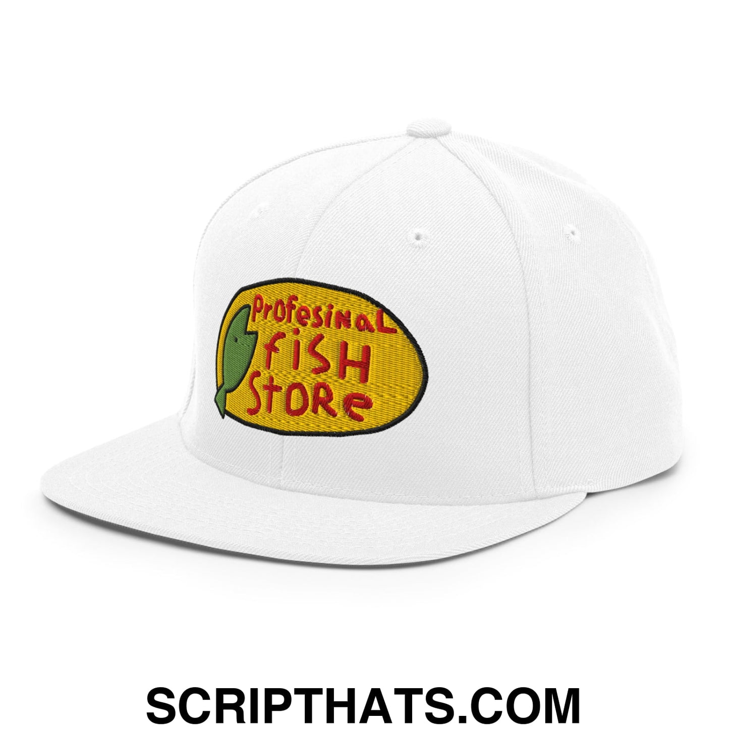 Professional Fish Store Embroidered Flat Bill Brim Snapback Hat White