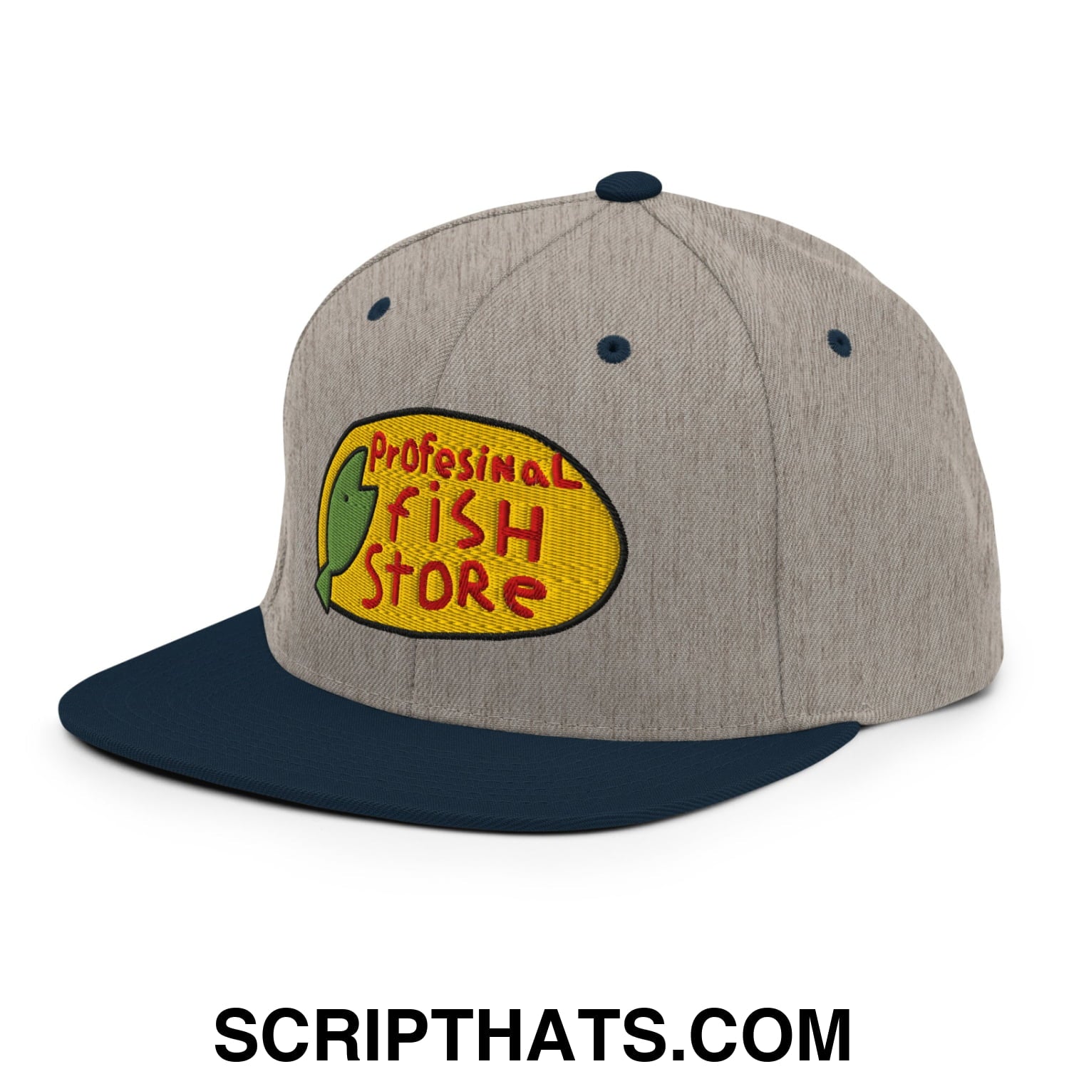 Professional Fish Store Embroidered Flat Bill Brim Snapback Hat Heather Grey Navy