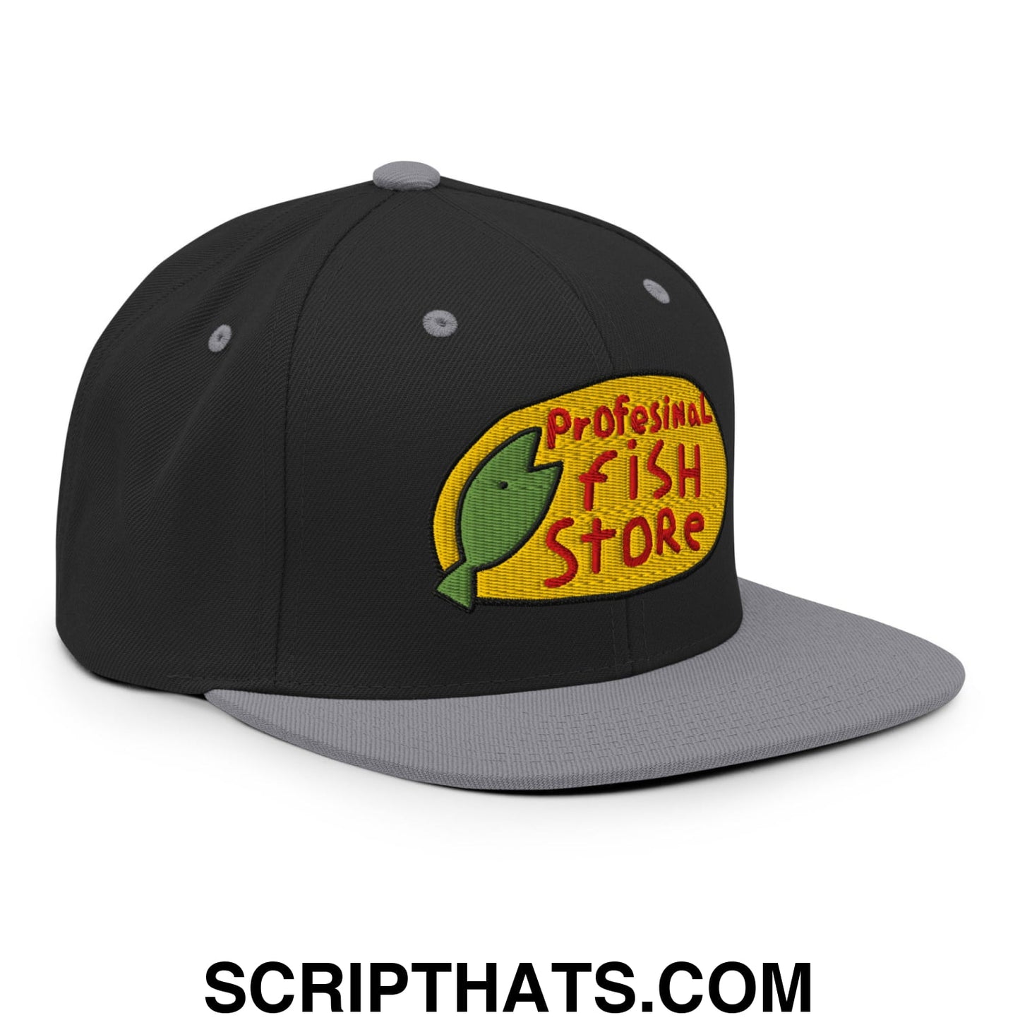 Professional Fish Store Embroidered Flat Bill Brim Snapback Hat Black Silver