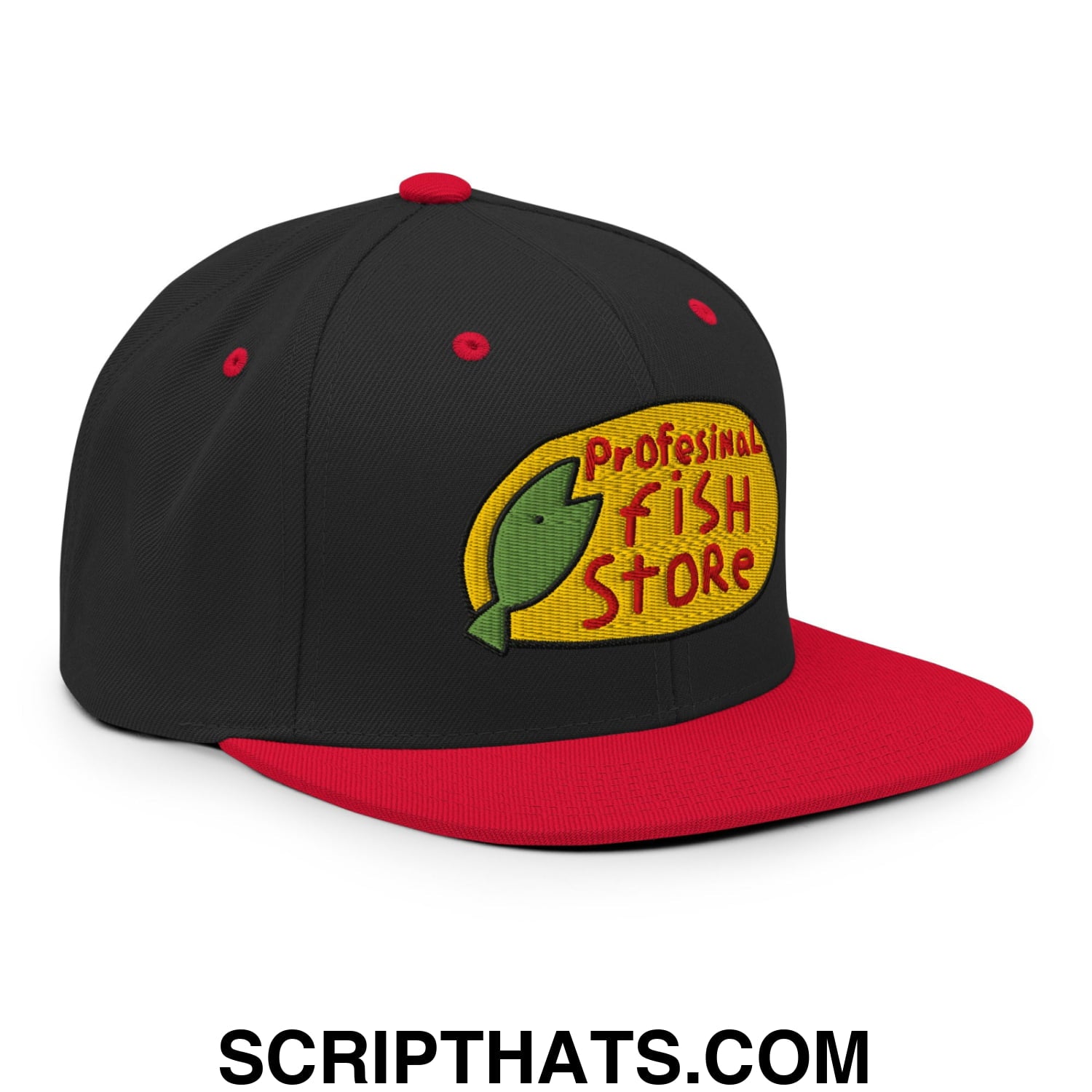 Professional Fish Store Embroidered Flat Bill Brim Snapback Hat Black Red