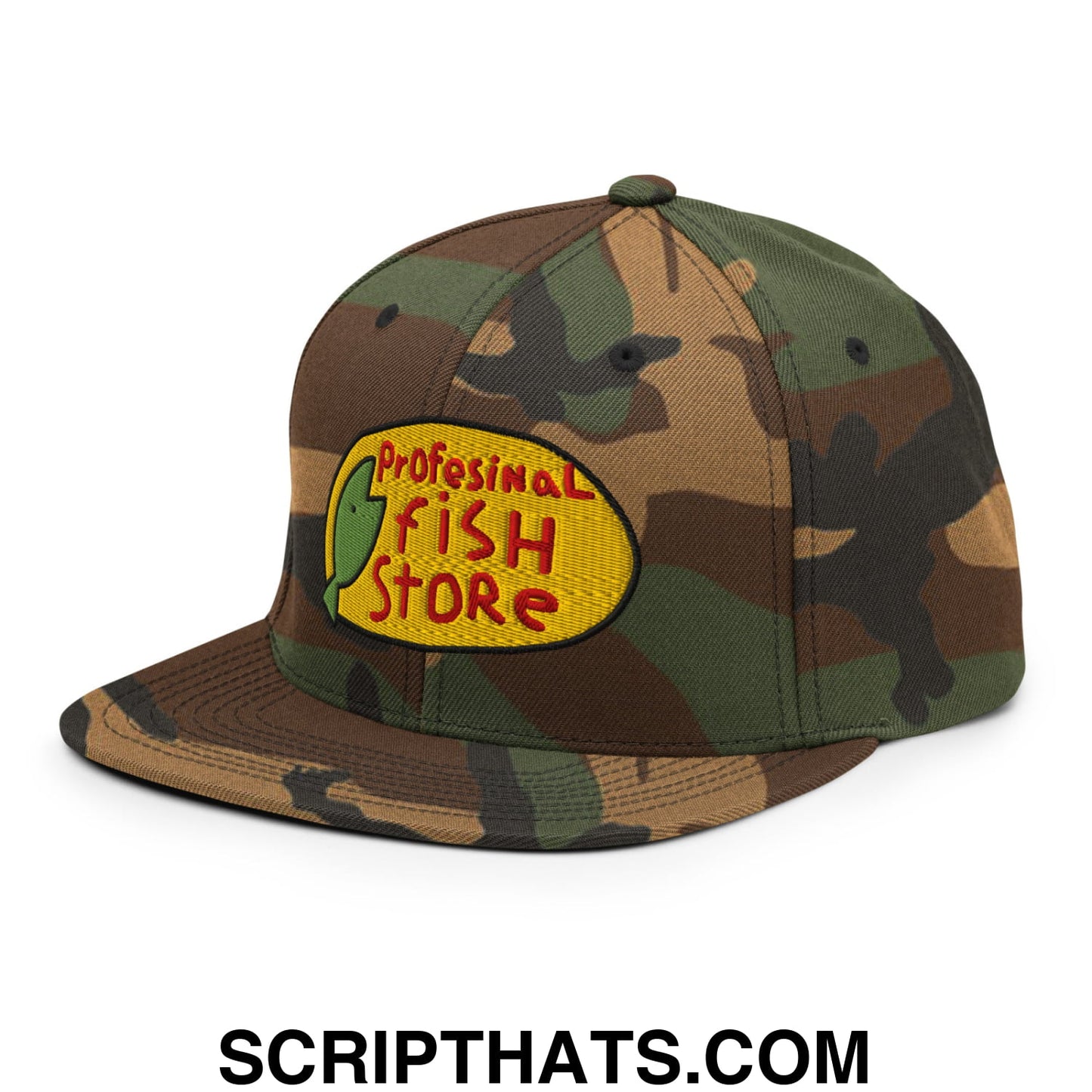 Professional Fish Store Embroidered Flat Bill Brim Snapback Hat Green Camo