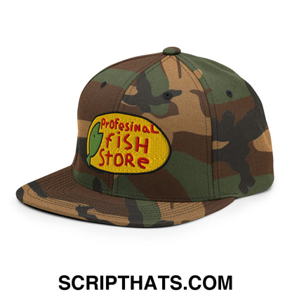 Professional Fish Store Embroidered Flat Bill Brim Snapback Hat Green Camo
