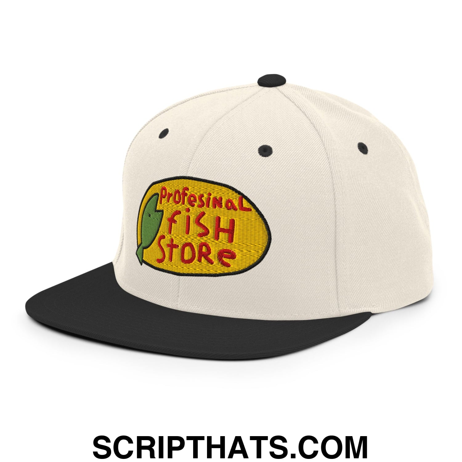Professional Fish Store Embroidered Flat Bill Brim Snapback Hat Natural Black