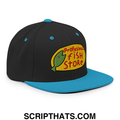 Professional Fish Store Embroidered Flat Bill Brim Snapback Hat Black Teal