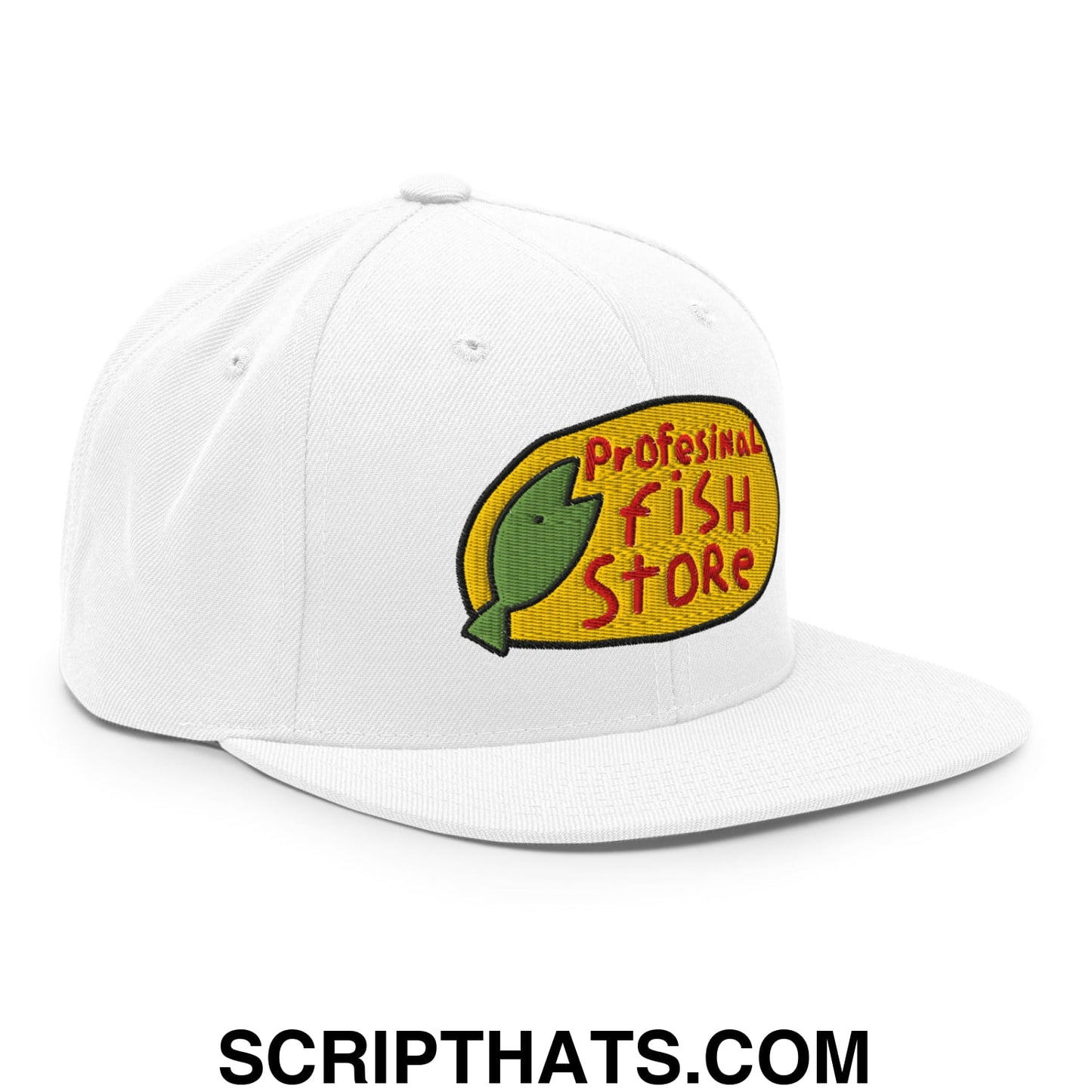 Professional Fish Store Embroidered Flat Bill Brim Snapback Hat White