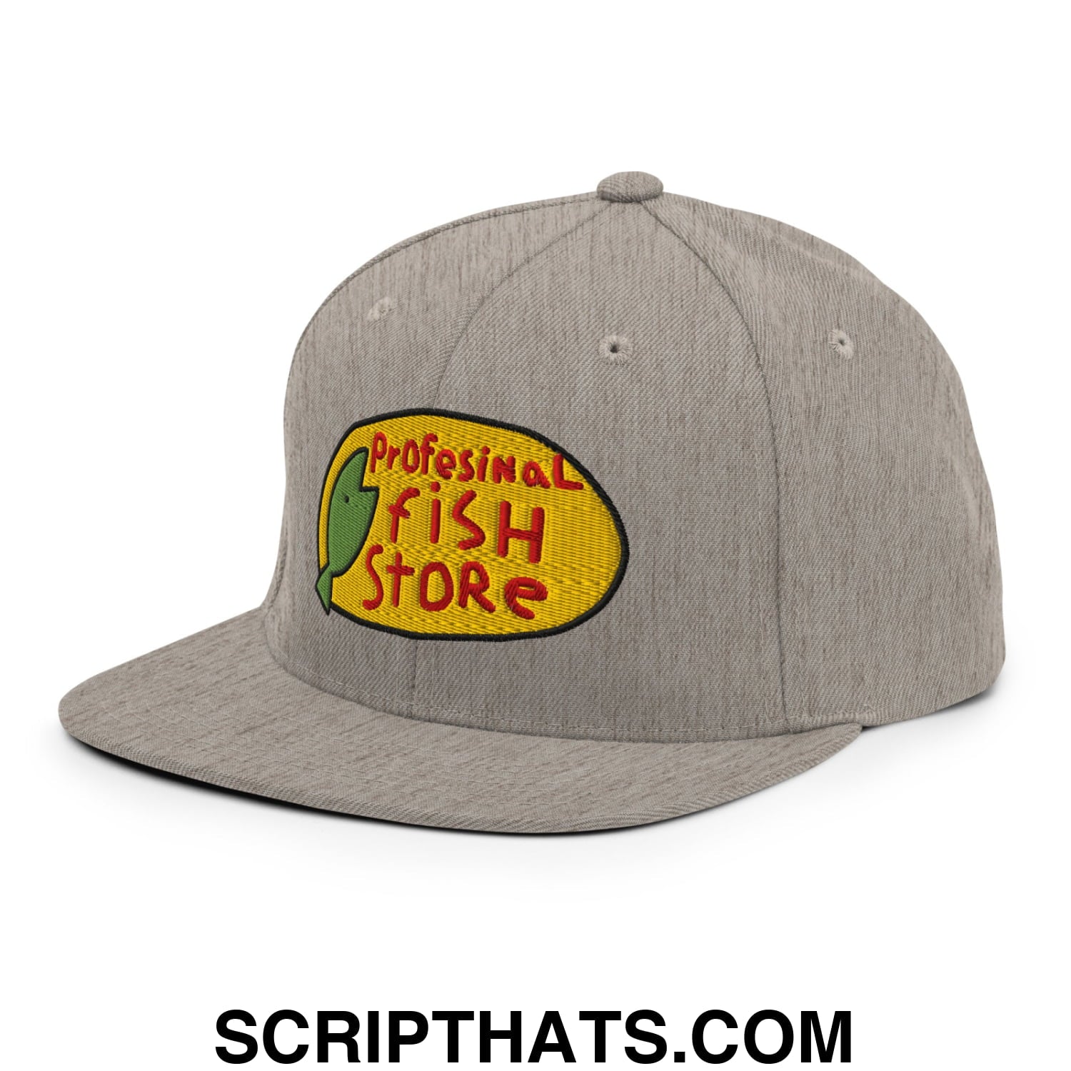Professional Fish Store Embroidered Flat Bill Brim Snapback Hat Heather Grey